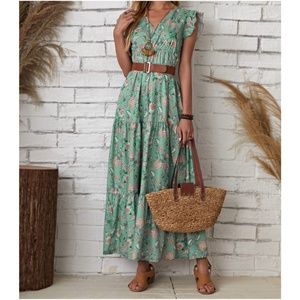 Mint Floral ruffle butterfly sleeve dress 60's